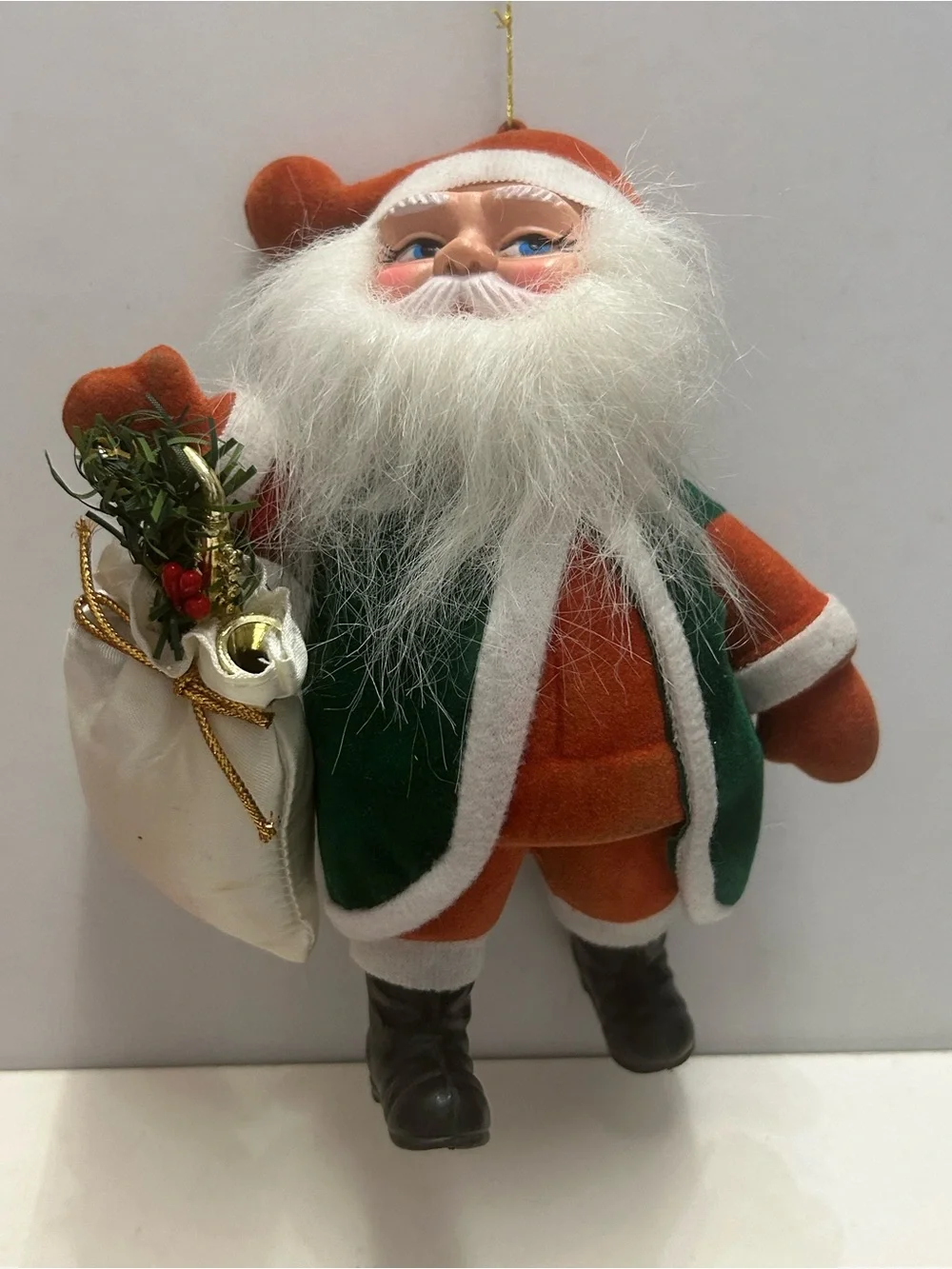 Vintage Flocked Santa Blow Mold Ornament 8”